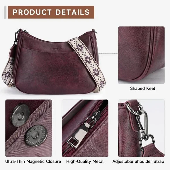 Women's Grape Imported Leather Crossbody With Adjustable Strap Shoulder Handbag - Picture 4 of 6